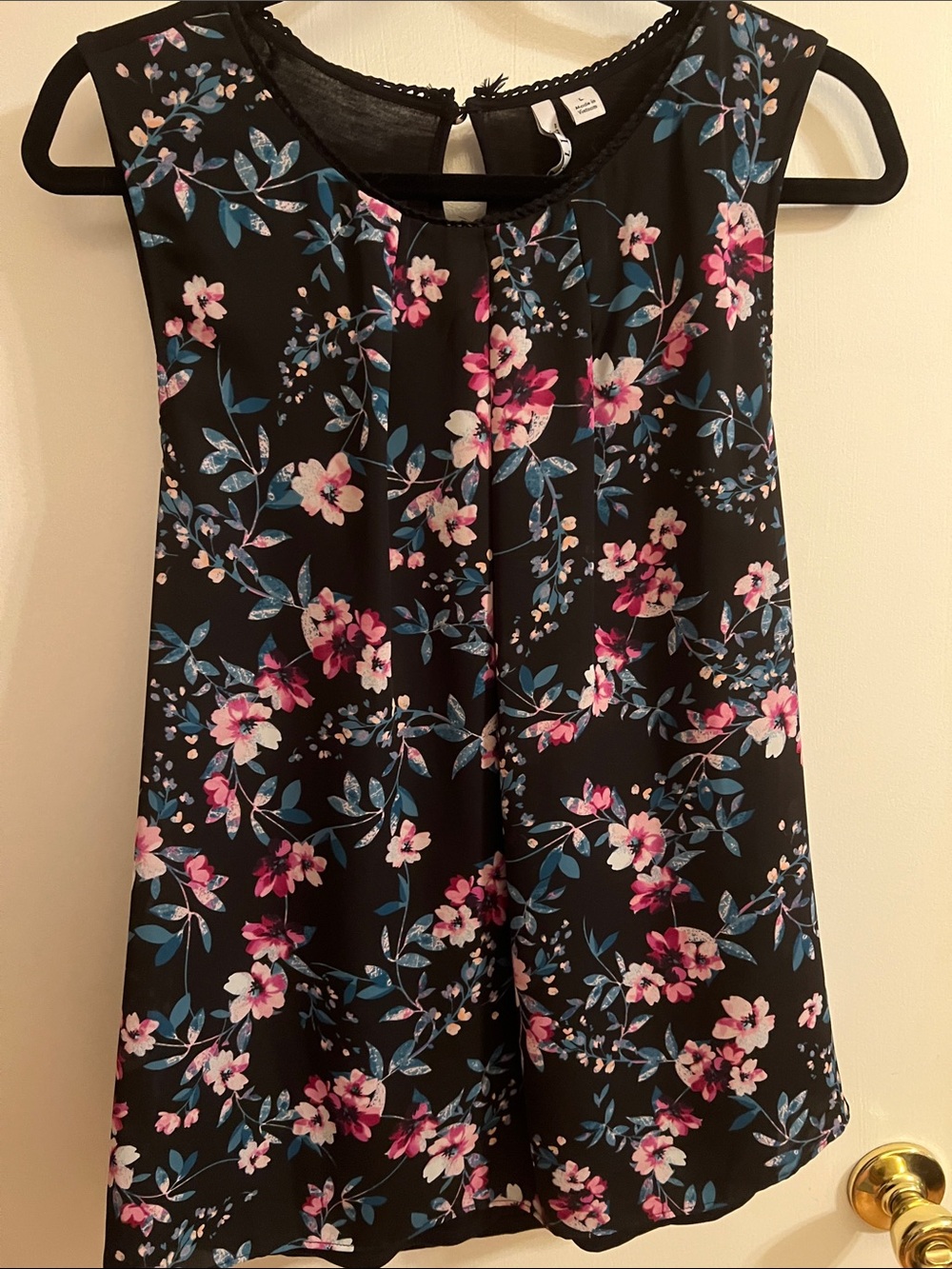 Elle Black Floral Sleeveless Blouse with Pink & Blue Blossoms